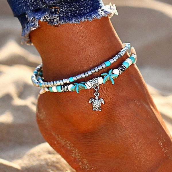 Boho Shell/Sjöstjärna/Sköldpadda/Vristband, vävt fotledsarmband Pärlstomme Beach Summer Foot Smycken Justerbara för kvinnor och flickor