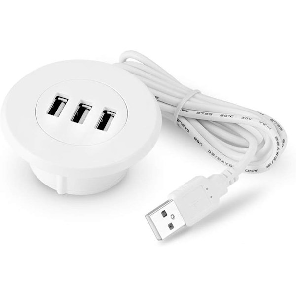 3-portars USB-bordsladdare Bordsladdningsstation monteras på 2,0\"/50 mm genomgående hål med adapter och 1,5 m ström Vit white