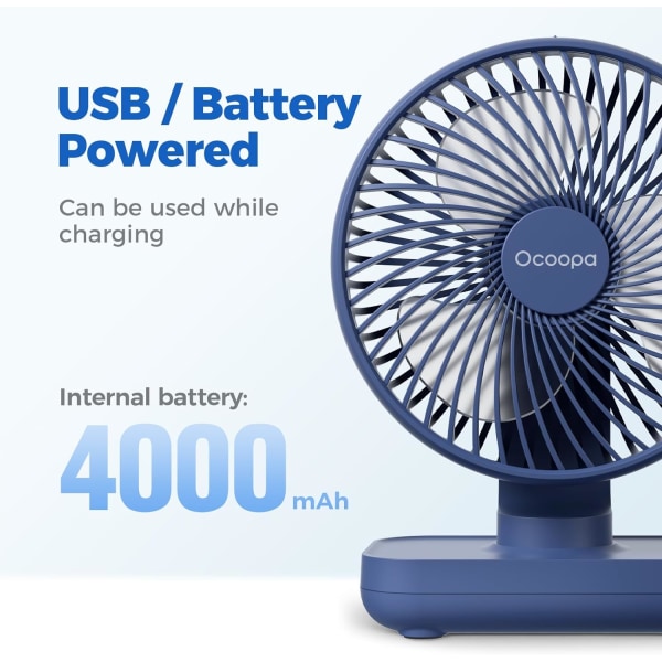 USB bordsfläkt, 4000mAh laddningsbart batteridriven, bordsfläkt 4 hastigheter, 5 tums mini bärbar fläkt, med starkt luftflöde Tyst drift blue