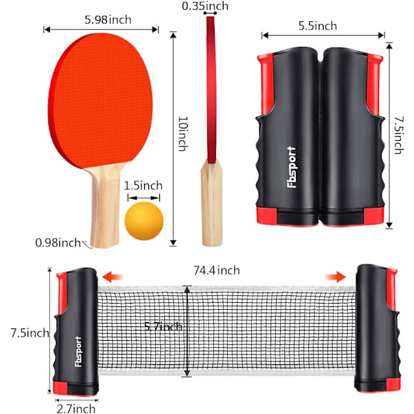 Ping Pong -mailasetti, Kannettava pöytätennissetti vetäytyvällä verkolla, mailat, pallot ja kantokassi sisä- ja ulkopeleihin
