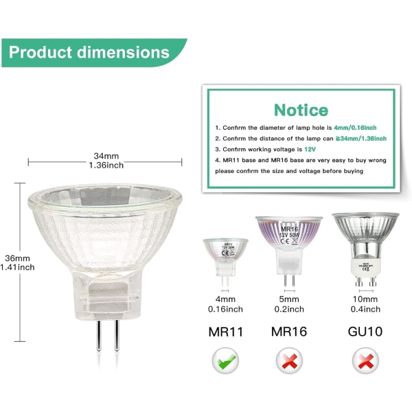 MR11 Halogenpærer (12-pakning), GU4 Halogenpære 12V 20W, Mr11 GU4 Dimbar Pæredeksel for Taklampe, 2-pin Halogenpære 2700K Varm Hvit
