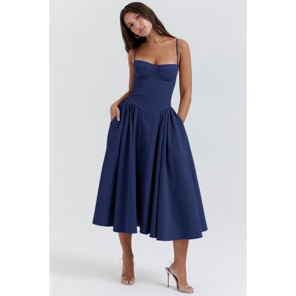 Ny fransk vintage lang kjole Palace Style Strap Dress Girl mørkeblå XL
