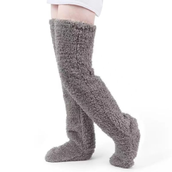 Overknæhøje fuzzy sokker Plys tøfler Sokker Lange benvarmere Vinterhjem Sove grå