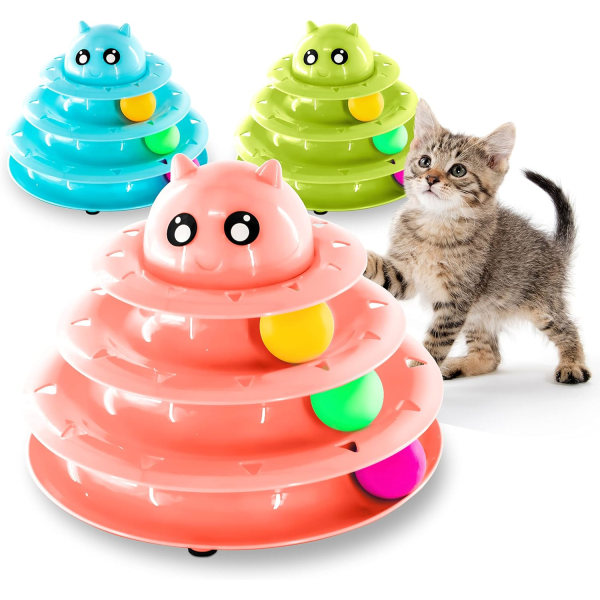 Interaktiivinen kissan rullapallolelu - vaaleanpunainen | 3-kerroksinen torni hauska kissanpallolelu 3 väripallolla | Kissa Teaser Lelu