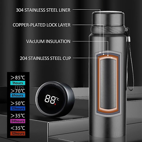 1000ml Smart Termosflaska Håller Kyla och Värme Flasktemperaturvisning Intelligent Termos för Vatten Te Kaffe Vakuumflaska 1000ml red