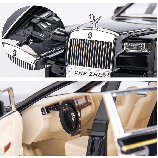 1/24 Rolls-Royce Phantom -malliauto, sinkkiseoksesta vedettävä takaisinvedettävä leluauto, ääni ja valo lapsille, pojalle tytölle lahja (musta)