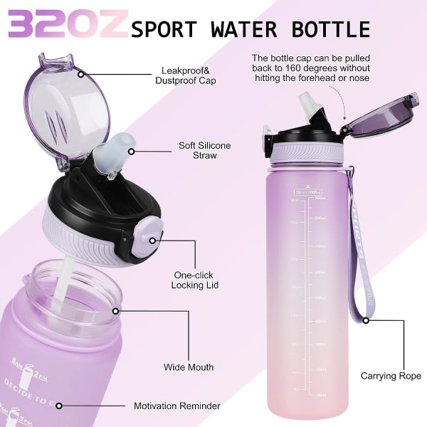 Vesipullot 1L BPA-vapaa urheilujuomapullo oljilla, astianpesukoneen kestävä kansi, vuotamaton motivoiva vesipullo, jossa aikamerkit