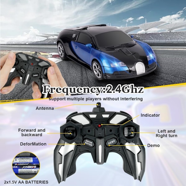 Fjernstyrt bil, 1:18 Transformerende leker Fjernstyrt transformerende bil, 2-i-1 Transformerende robotleke med 2,4 GHz fjernkontroll Blue - Bugatti Veyron
