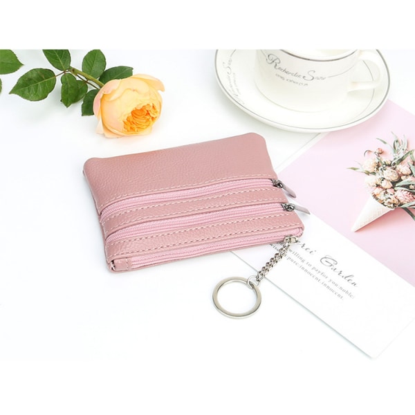 Myntvesker i ekte skinn for kvinner Mini-pung-byttelommebok med nøkkelring og glidelås Mini-lommebok, rosa