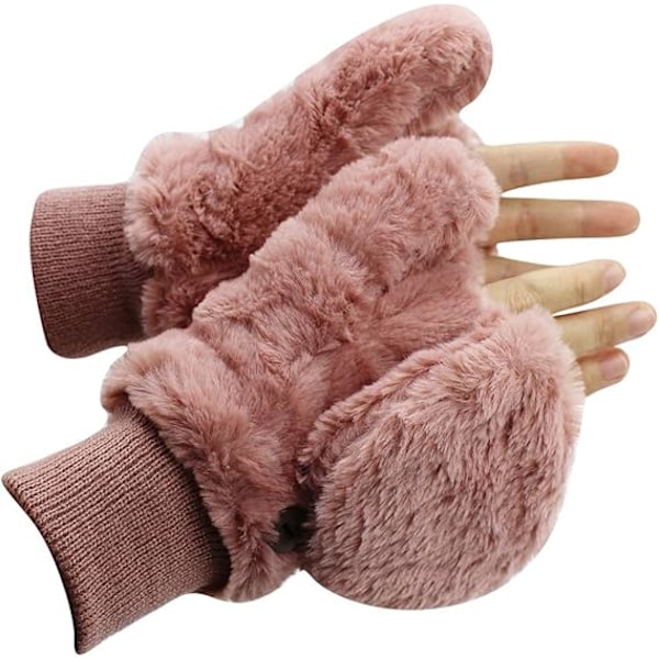 Vinterhansker for kvinner, myke og fluffy, vindtette fleece-hansker med varm vott-deksel for jenter pink