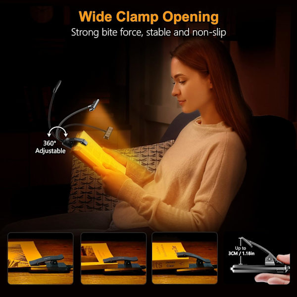 Gritin 19 LED boglampe, genopladelig clip-on læselampe, øjenbeskyttelse, trinløs dæmpning, 360° fleksibel hals