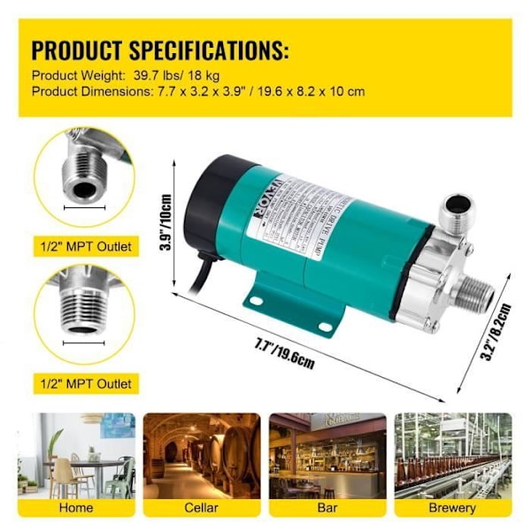 Ölpump - VEVOR - MP-15 RP Magnetisk Drivpump - Kvalitets Rostfritt Stål, Tyst
