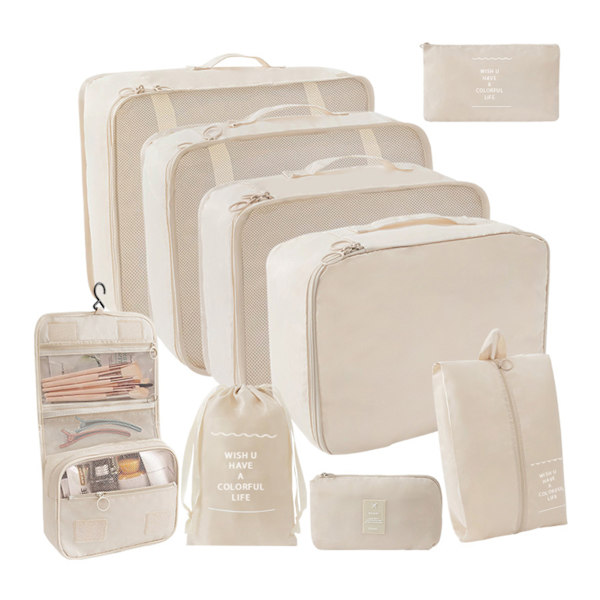 9 stk/11 stk Reiseoppbevaringssett i ensfarget stoff Bærbar koffert Klærpakkepose for reise Beige 9 pcs