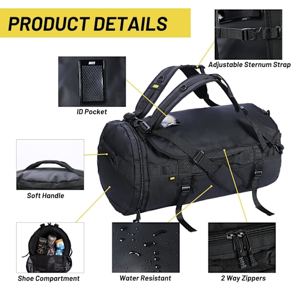 Suuri duffel-reppu urheilukassi kengätaskulla, erittäin kestävä ja vedenpitävä, musta, 90L Black
