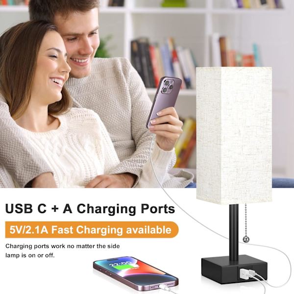 Nattbordlampe med 3 fargetemperaturer - 3000/4000/5000K  USB C+A-porter, nattlampe med 3 fargemodus, soveromslampe for lesing, arbeid