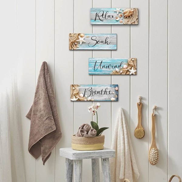 4 stk. Treavslappende Soak Relaxation Breathe Art Skilt Hengeved Dekor Stue Vaskerom Spa Toalett