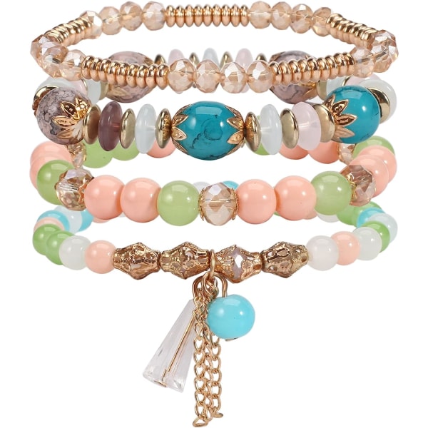 Bohemian armbånd for kvinner Stretch flerlags fargerike perler armbånd med sjarm smykker