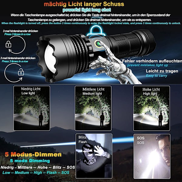Taktisen LED-taskulamppu, erittäin kirkas, 30 000 lumenia