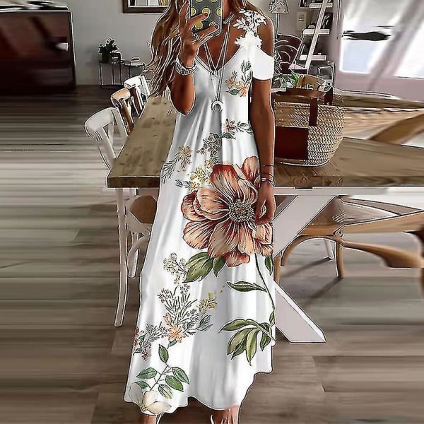 Women Casual High Waist Maxi Dresses Ladies Party Loose Short Sleeve S Positioning Big Flowers