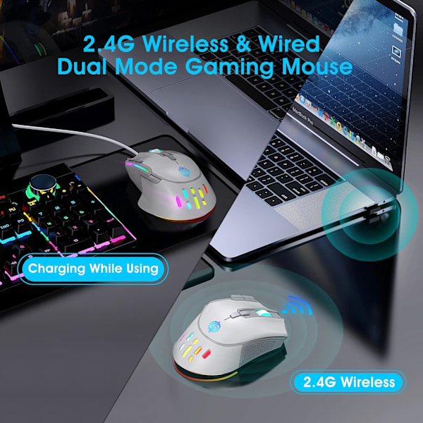 Trådløs Gaming Mus, Trådløs og Kablet Dobbelmodus Oppladbar RGB Gaming Mus med 9 Knapper, Ergonomisk og 3 Justerbare DPI (Hvit)
