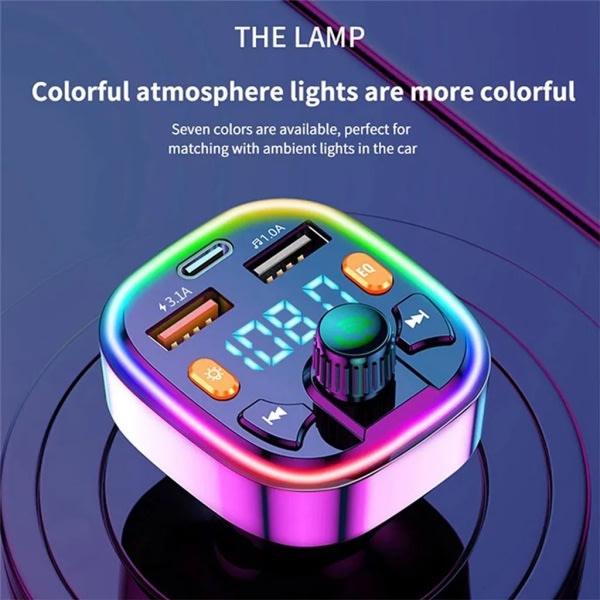 Bil Bluetooth FM-transmitter, Blå Ambient Lys Trådløs Radio Bilmodtager Adapter med håndfri funktion, Dobbelt USB-oplader