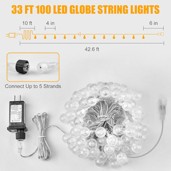 Patio-parasol Lys med stik - 33 fod 100 LED Krystal Globe Lysstreng med 8 lystilstande