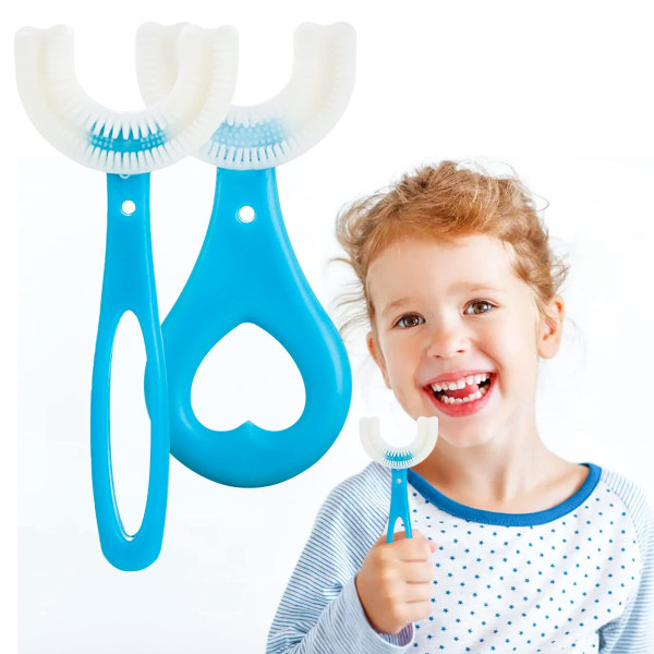 2 kpl Kids U -muotoinen hammasharja, elintarvikelaatuinen pehmeä silikonihammasharja, pään hampaiden puhdistus, 360° suun hampaiden hoitoon tarkoitettu lasten hammasharja, 2-12 vuotiaille (sininen)