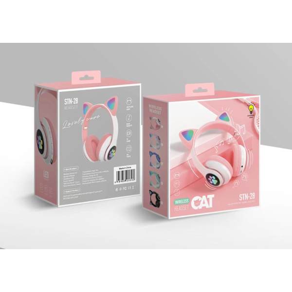 Gaming Headset Mode Bluetooth Katteøre LED Lys Oplyst Trådløst Headset (Pink)