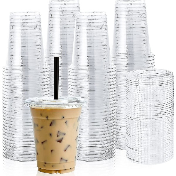 [100 sæt] 12 oz klare plastikkopper med fladt låg, engangsdrikkekopper, 12 oz plastikkopper til iskaffe, smoothie, slurpee eller andre kolde drikke