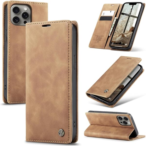 iPhone 14 7G skyddsfodral, PU-läder flip plånboksfodral med kortfack. brown