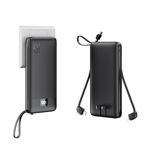 Powerbank Bærbar Telefonoplader, 10000mAh Lille Batteripakke med Indbygget Foldbar AC-vægkontakt og Kabler Black
