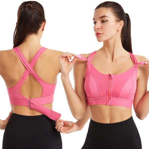 Sport-BH för kvinnor, högintensiv sport-BH med dragkedja framtill, rosa Pink 2XL