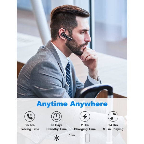 Bluetooth-headset med dobbelt mikrofon V5.0 håndfri Bluetooth-øretelefon med 25 timers taletid