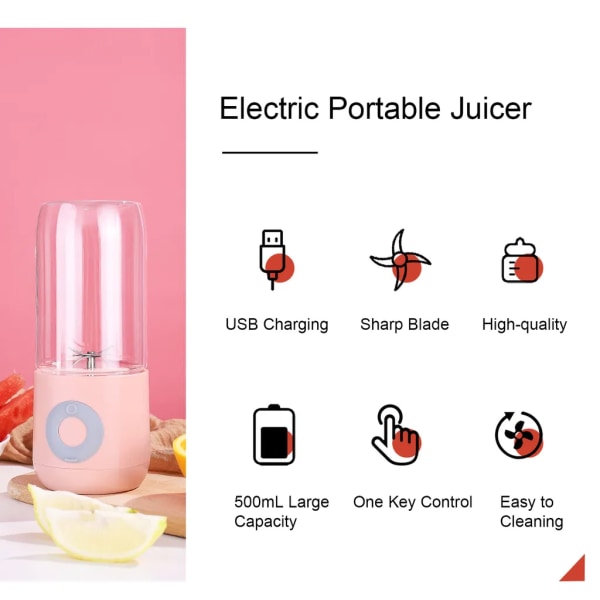500ml Juicer elektrisk blenderkopp USB Smoothie Blender Shake Håndholdt frukt Grønnsakstativ Blender Juicer