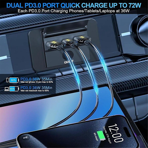2 KPL 3-Porttinen 12V RV USB-Pistorasia 90W, Kaksois PD3.0 Type-C Pikalataus 72W & USB QC3.0 18W Paneeli Seinäkiinnitys Black