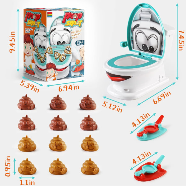 Poop Shoot Creative Family Game inkluderar en toalett, två bärraketer och 12 mjuka