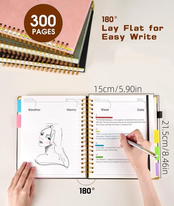 A5 Notesbog - Journal - Planner - Ringbindsnotesbog med Linjerede Sider - Læderomslag - 300 Sider (15 x 21,5 cm - Sort)