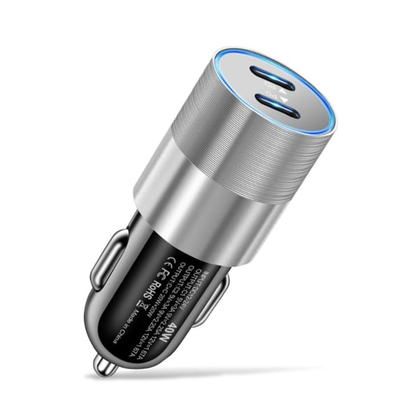 40W USB C Snabb Billaddare 2 Portar Adapter Dubbel Typ C SILVER silver