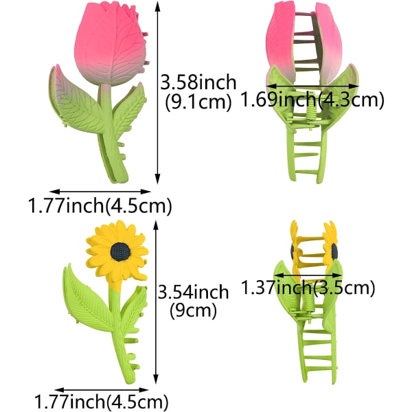 2 PACK Solros Tulpan Stil Blommiga Stora Klo Klämmor Halkfria Stark Håll Hår Klo för Kvinnor och Flickor Tjockt Hår