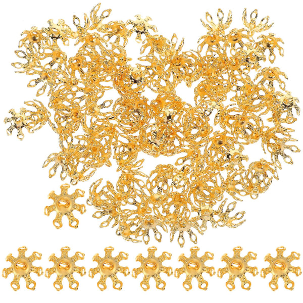 100 st Blompärlhattar Toppers Hårnålspärlhattar Blomformade Spacer Beads Caps (0,9X1X1CM, Gyllene)