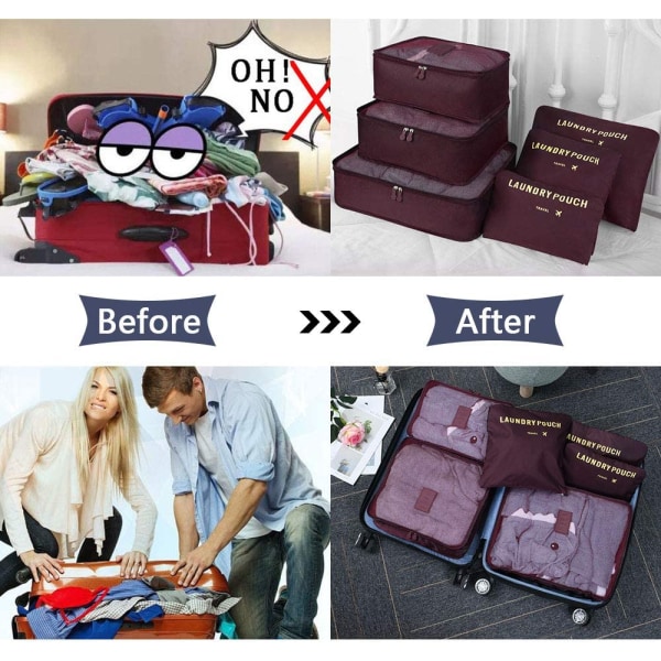 Vicloon Travel Organizer Pakkeposer,6 STK Rejsepakning Terninger Sæt til Tøj Rejse Bagage Organizer Opbevaring vin rød