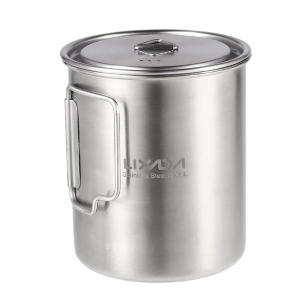 Lixada 750 ml kop udendørs vandkop i rustfrit stål med foldbart håndtag og låg til campingvandring, rygsæk