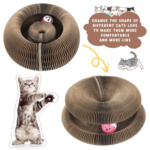 Kattelegetøj, foldbart rundt magisk orgel Katteskrabebræt, 2-i-1 kradsemåtte, Kattepap med klokke (grå)