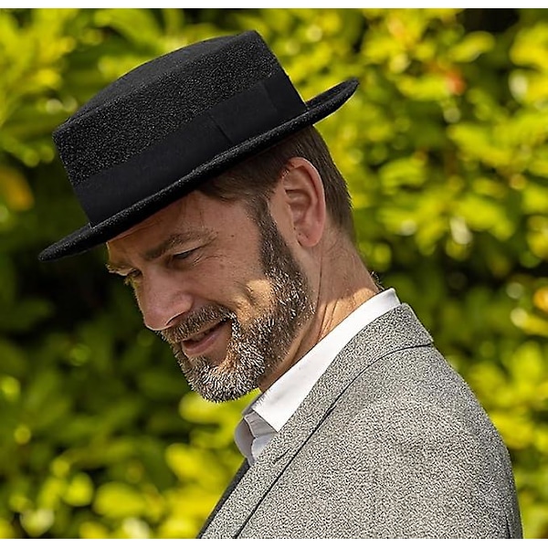 Herrhatt Platt Topp Porkpie Hatt Blower Hattar, Svart Ullhatt Med Band