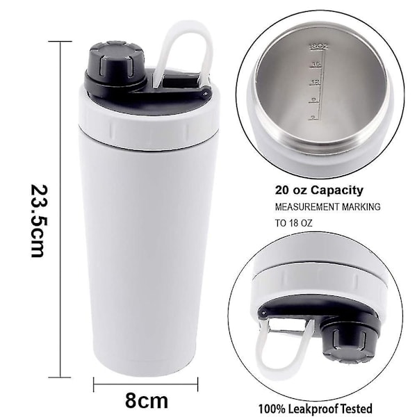 Rustfrit Protein Shaker Flaske i Rustfrit Stål - Isoleret - Holder Varmt/Koldt - Tåler Opvaskemaskine - Dobbeltvægget - Lugtfri (Farve: Hvid)