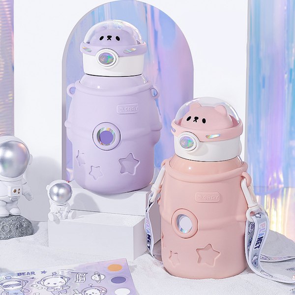 Portabel Kawaii Vattenflaska med Sugrör 500ml Isolerade Vattenflaska i Rostfritt Stål Söt Astronaut Björnar Vattenflaskor för Skola Gym Resa Picknick