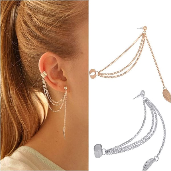 2 Pairs Women Girl Stylish Punk Rock Alloy Leaf Iron Chain Tassel Dangle Ear Cuff Warp Earring Silver And Golden Earrings In Jewellery (Leaf)