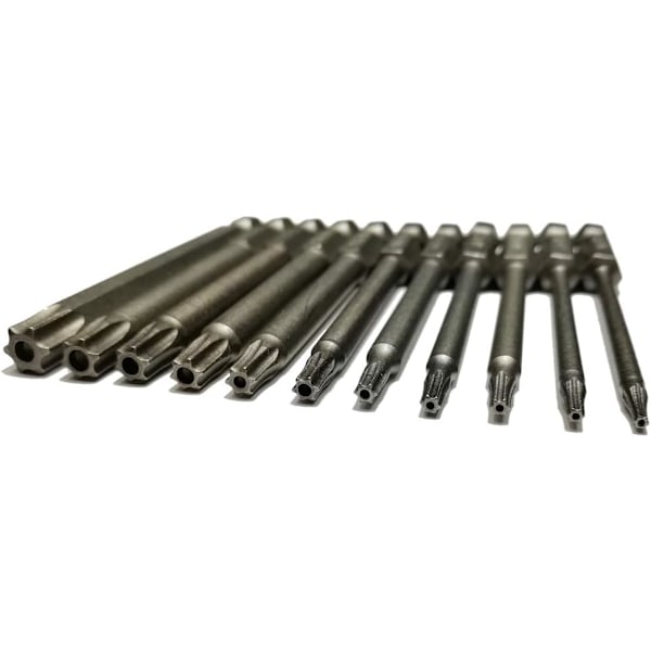 Sikkerhets Torx Bits 11 stk 1/4 tomme Hex Drive T6 T7 T8 T9 T10 T15 T20 T25 T27 T30 T40 3 tommer Lengde S2 Stål Skrutrekker Bor Bit Sett (11 stk 75mm)