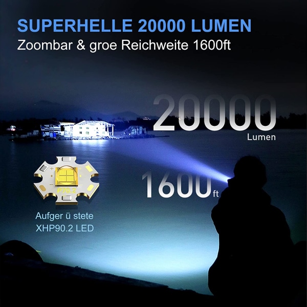 Ficklampa, laddningsbar LED-ficklampa, 1800 lumen