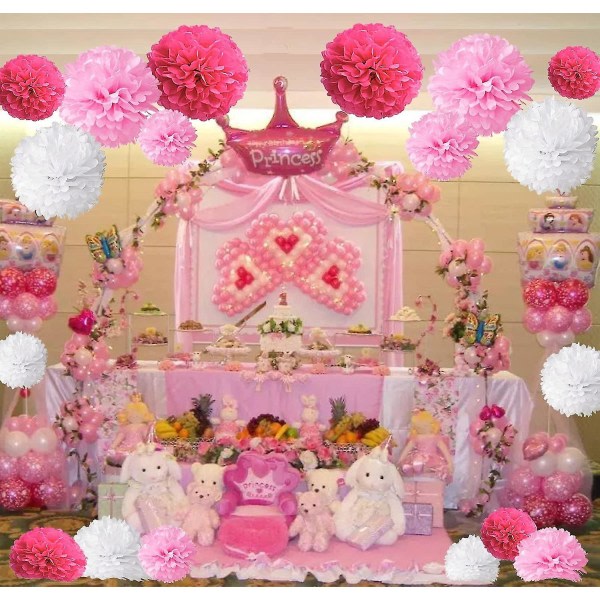 Pakke med 18, Pink Pom Poms-blomster, Festdekorationspapirsæt